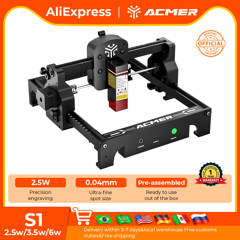 Rotary Axis Laser Engraver - ACMER S1 มินิเลเซอร์แกะสลักและตัดเครื่องมือเครื่อง CNC แบบพกพาความแม่นยําสูงสําหรับไม้อัดแก้วหนังอะคริลิค