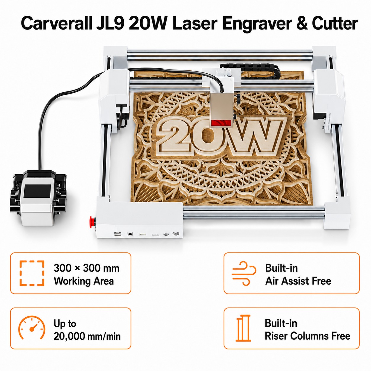 Industrial Laser Ablation - เครื่องแกะสลักเลเซอร์ Carverall JL9 20W, เครื่องแกะสลักเลเซอร์แบบตั้งโต๊ะขนาด 300x300